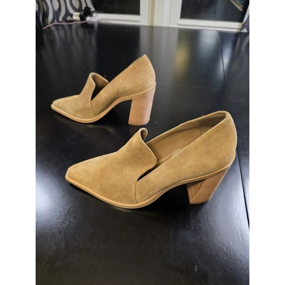 Vince Camuto Wevenly‎ Suede Block Heel Pumps Tan Camel Pointed Toe Womens 7M...